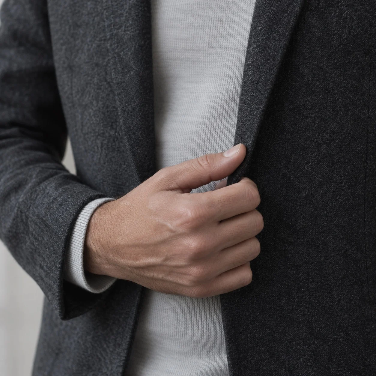 A hand adjusting a charcoal jacket over a stone-gray layer