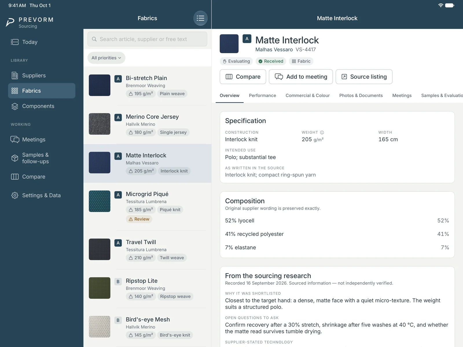 PREVORM fabric library with specifications and shortlist rationale